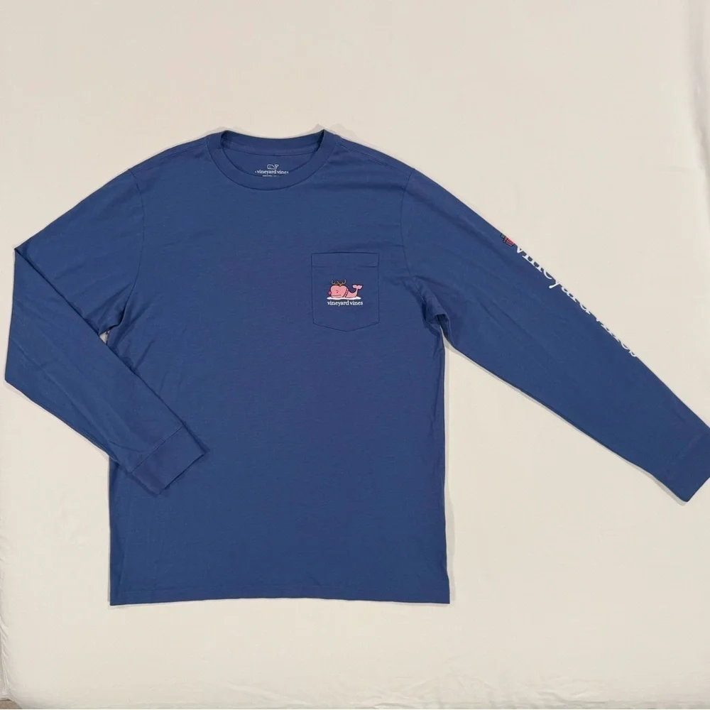 New Vineyard Vines Santa Whale Tee Boys Large 16 Long-Sleeve Pocket Christmas